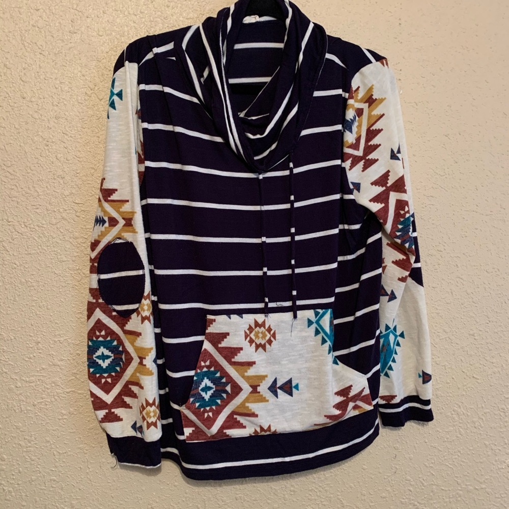 Navy and aztec print funnel neck hoodie